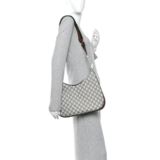 GG Supreme Monogram Textured Calfskin Web Large Attache Shoulder Bag Beige Blue