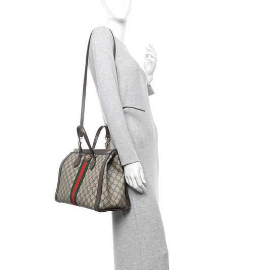 GG Supreme Monogram Web Medium Ophidia Tote Bag Brown