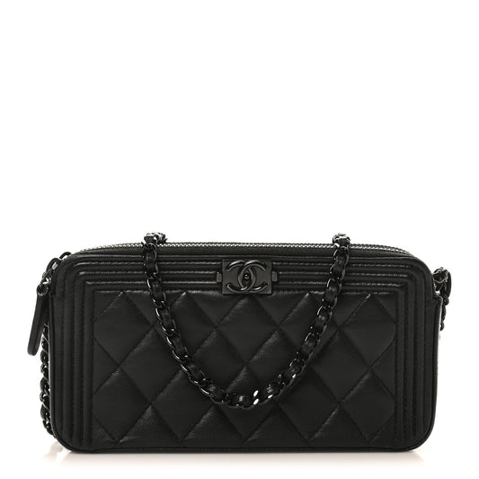 Lambskin Quilted Small Boy Clutch With Chain So Black