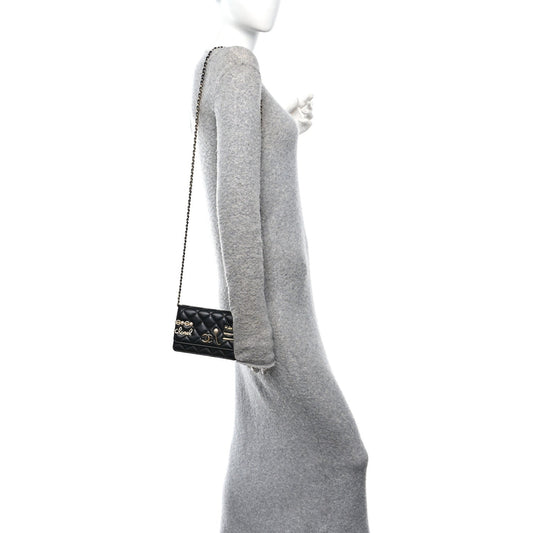 Lambskin Quilted Coco Clips Mini Wallet On Chain WOC Black
