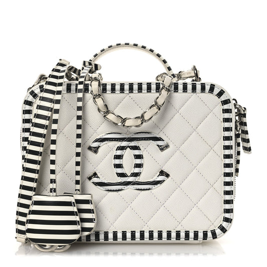 Caviar Quilted Striped Medium CC Filigree Vanity Case White Black