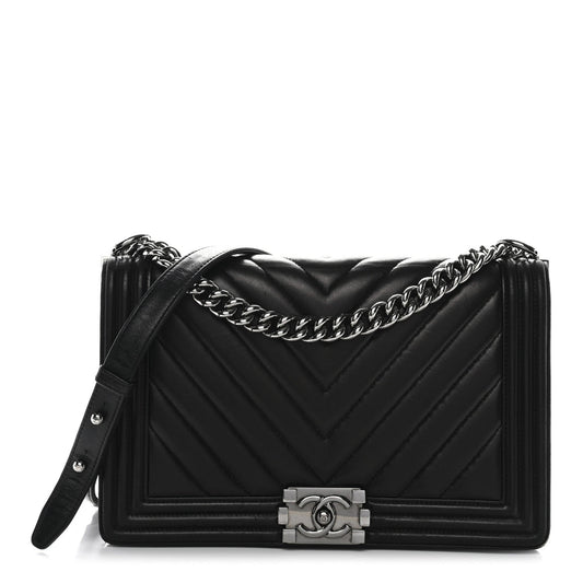 Calfskin Chevron Quilted New Medium Boy Flap Black