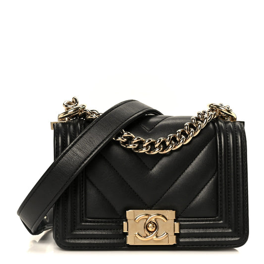 Lambskin Chevron Quilted Mini Boy Flap  Black