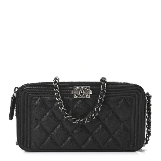 Grained Calfskin Quilted Boy Phone Holder Wallet On Chain Black