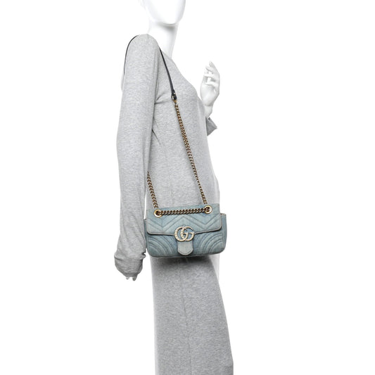 Denim Matelasse Mini Pearly GG Marmont Shoulder Bag Blue