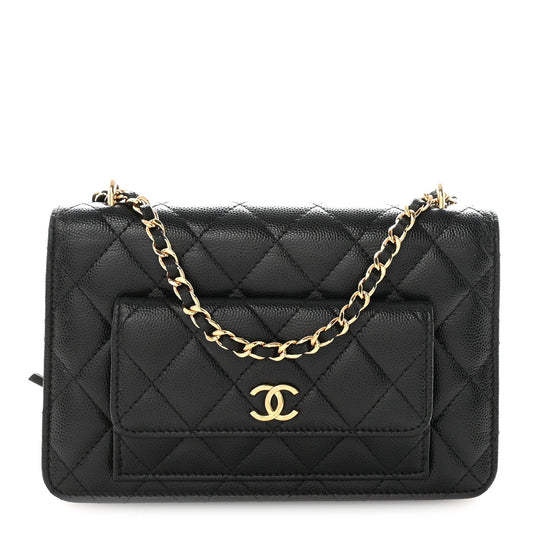 Caviar Quilted Pocket Clutch With Chain WOC Black