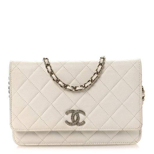 Caviar Quilted Perforated Metal CC Wallet On Chain WOC White