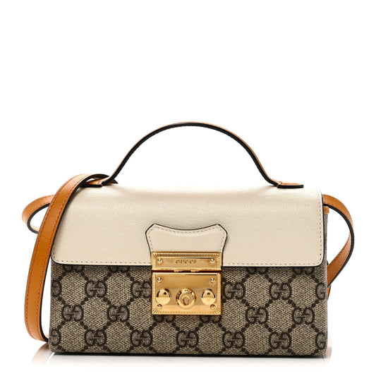GG Supreme Monogram New Sakai Calfskin Mini Padlock Top Handle Shoulder Bag Beige Ebony Mystic White Sun Oil