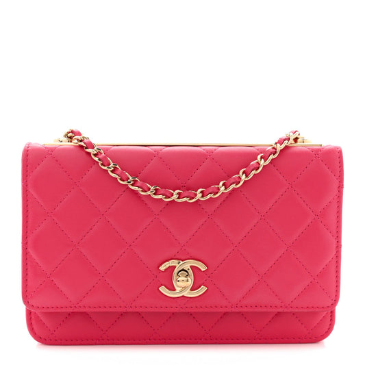 Lambskin Quilted Trendy CC Wallet On Chain WOC Dark Pink
