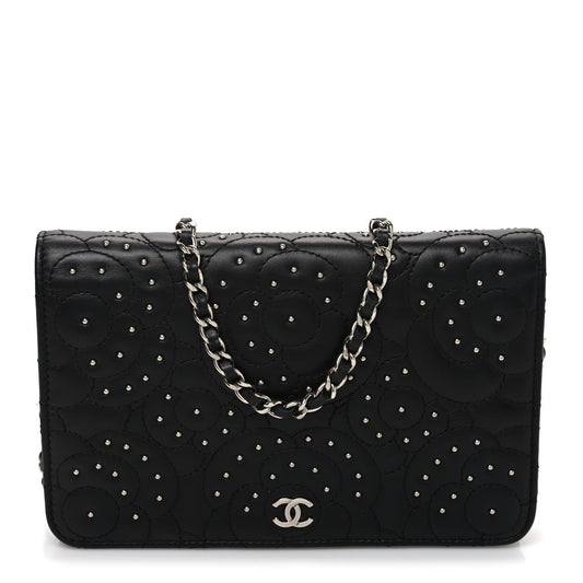 Lambskin Camellia Studded Wallet on Chain WOC Black