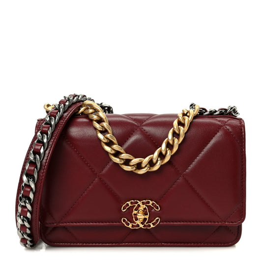 Lambskin Quilted Chanel 19 Wallet On Chain WOC Burgundy
