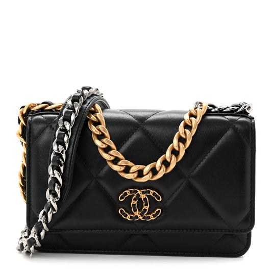 Lambskin Quilted Chanel 19 Wallet On Chain WOC Black