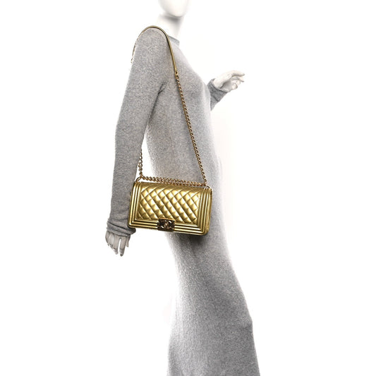 Metallic Patent Calfskin Quilted Medium Boy Flap Gold