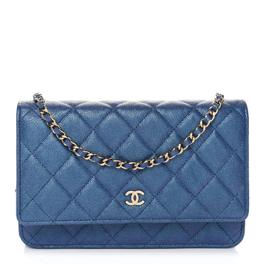 Iridescent Caviar Quilted Wallet on Chain WOC Dark Blue