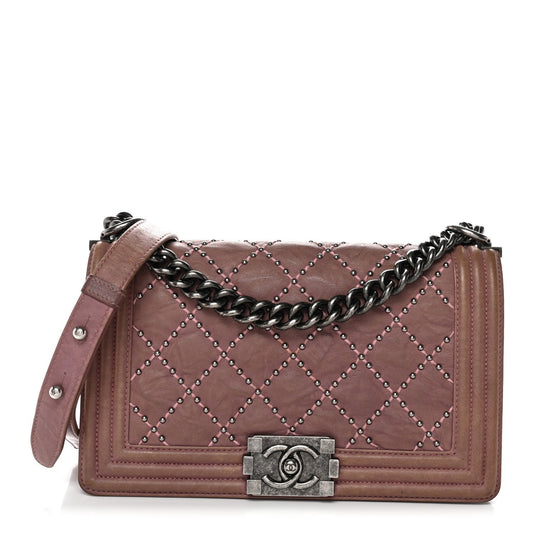 Crumpled Lambskin Medium Studded Boy Flap Pink