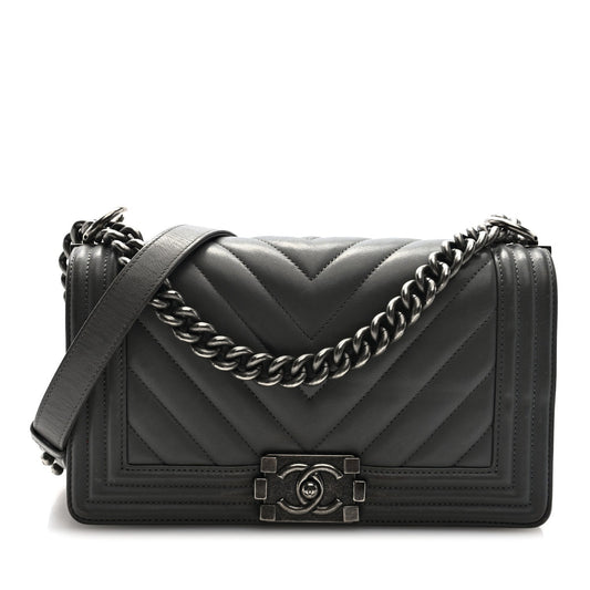 Lambskin Chevron Quilted Medium Boy Flap Grey