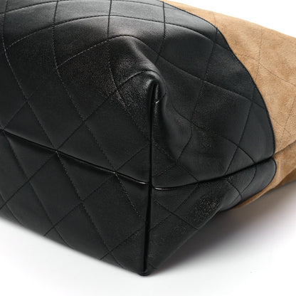 Suede Shiny Lambskin Quilted Large Shopping Bag Beige Black