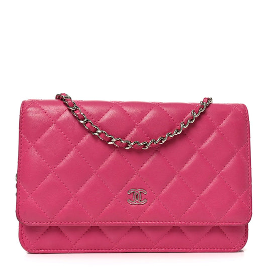 Lambskin Quilted Wallet On Chain WOC Dark Pink