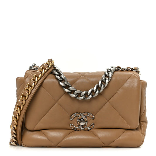 Lambskin Quilted Medium Chanel 19 Flap Dark Beige