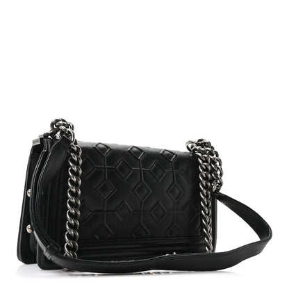 Calfskin Crystal Embossed Medium Boy Flap Black