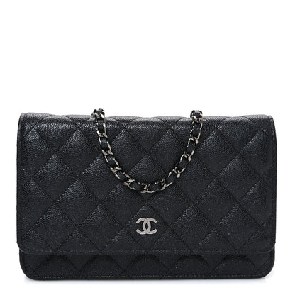 Iridescent Caviar Quilted Wallet on Chain WOC Black