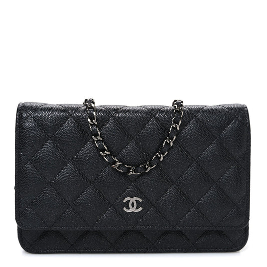 Iridescent Caviar Quilted Wallet on Chain WOC Black