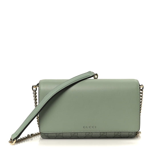 GG Supreme Monogram Textured Calfskin Emblem Wallet On Chain Sage Green
