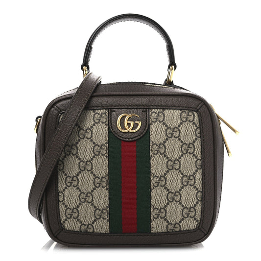 GG Supreme Monogram Textured Dollar Calfskin Mini Ophidia Top Handle Square Shoulder Bag Beige Ebony New Acero