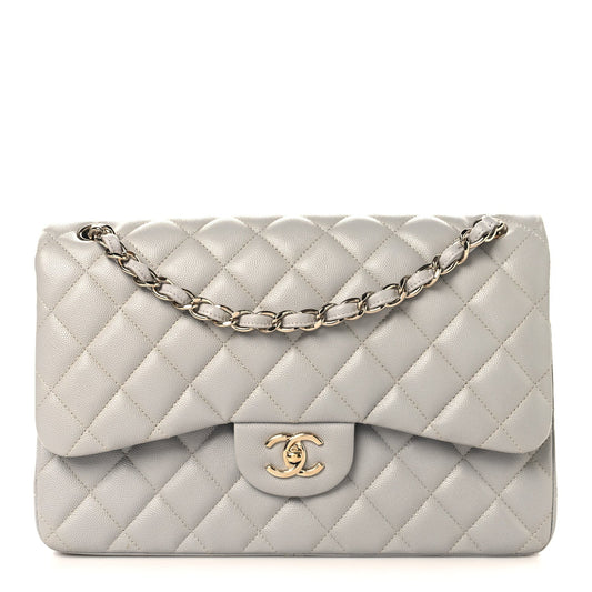 Caviar Quilted Jumbo Double Flap Grey