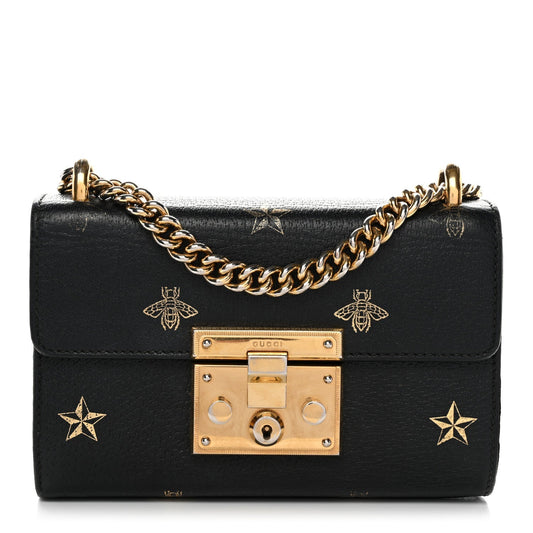 Grained Calfskin Bee Star Small Padlock Shoulder Bag Black