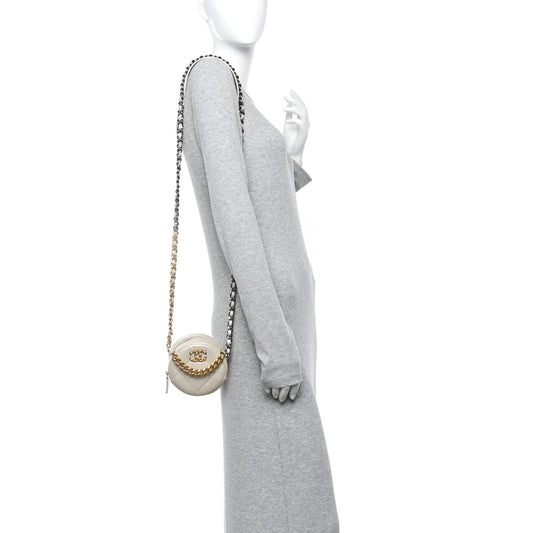 Iridescent Calfskin Quilted Chanel 19 Round Clutch With Chain White
