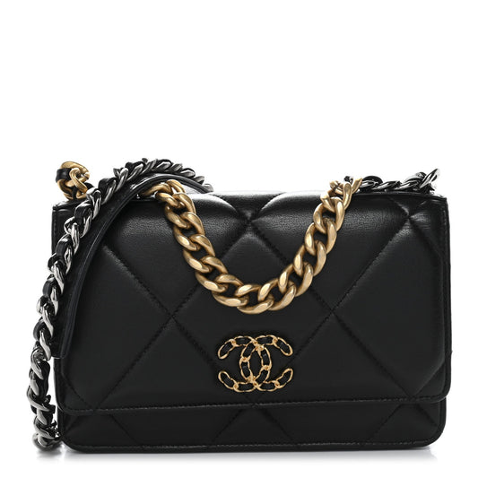 Lambskin Quilted Chanel 19 Wallet On Chain WOC Black