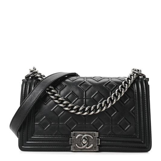 Calfskin Crystal Embossed Medium Boy Flap Black