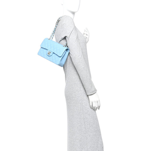 Caviar Quilted Small Double Flap Light Blue
