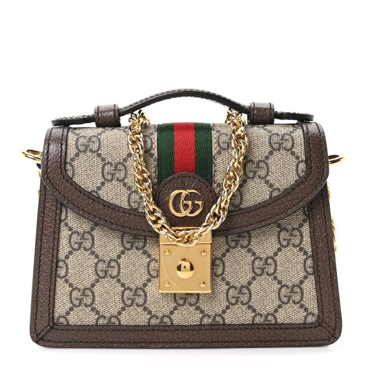 GG Supreme Monogram Textured Dollar Calfskin Web Mini Ophidia Padlock Top Handle Chain Shoulder Bag Beige Ebony New Acero