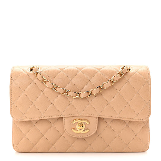 Caviar Quilted Small Double Flap Beige