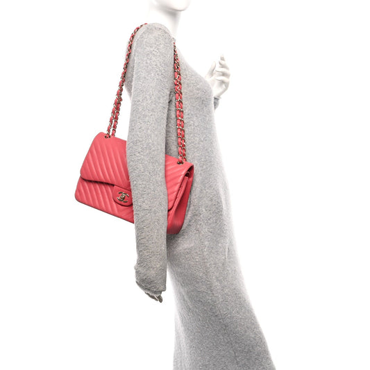 Lambskin Chevron Quilted Jumbo Double Flap Pink