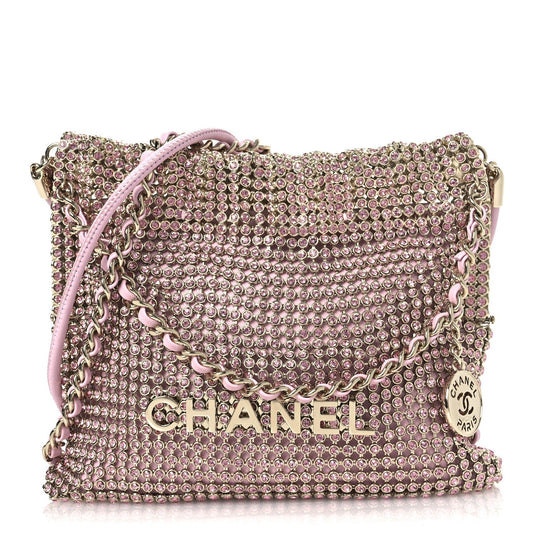 Crystal Embellished Metallic Lambskin Mini Chanel 22 Light Pink
