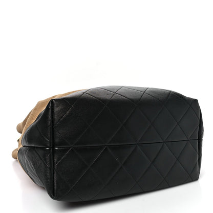Suede Shiny Lambskin Quilted Large Shopping Bag Beige Black