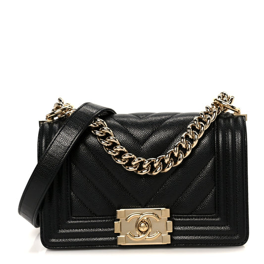 Caviar Chevron Quilted Small Boy Flap Black