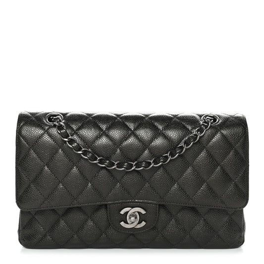 Metallic Caviar Quilted Medium Double Flap Dark Charcoal