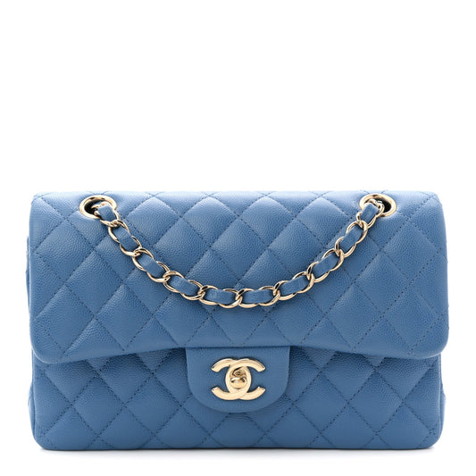 Caviar Quilted Small Double Flap Blue