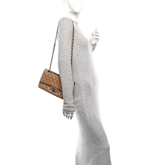 Crinkled Patent Quilted Medium Double Flap Beige