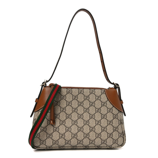 GG Supreme Monogram Textured Calfskin Small Emblem Shoulder Bag Beige Dark Brown