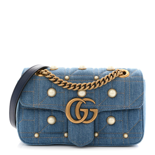 Denim Matelasse Pearl Studded Mini GG Marmont Shoulder Bag Blue