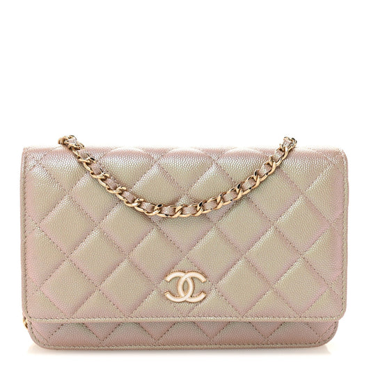 Iridescent Caviar Quilted Wallet on Chain WOC Beige