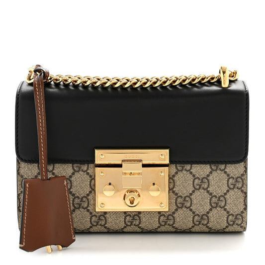 GG Supreme Monogram Calfskin Small Padlock Shoulder Bag Beige Black Cuir