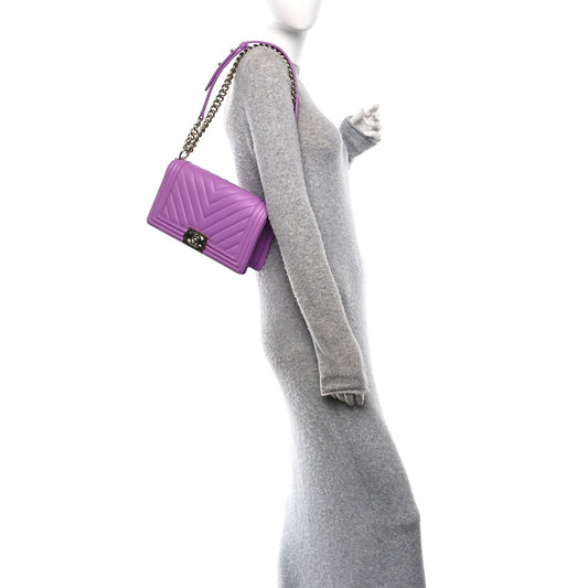 Lambskin Chevron Quilted Medium Boy Flap Purple