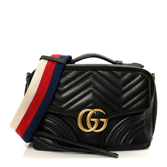 Calfskin Matelasse Sylvie Web Small GG Marmont Top Handle Shoulder Bag Black