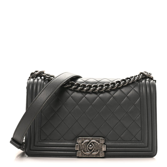 Lambskin Quilted Medium Boy Flap Dark Grey